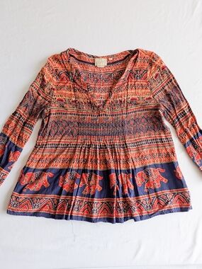 Vanessa & Virginia Cathy Pleated Jungle Blouse Blue Orange Size Med Boho Animal